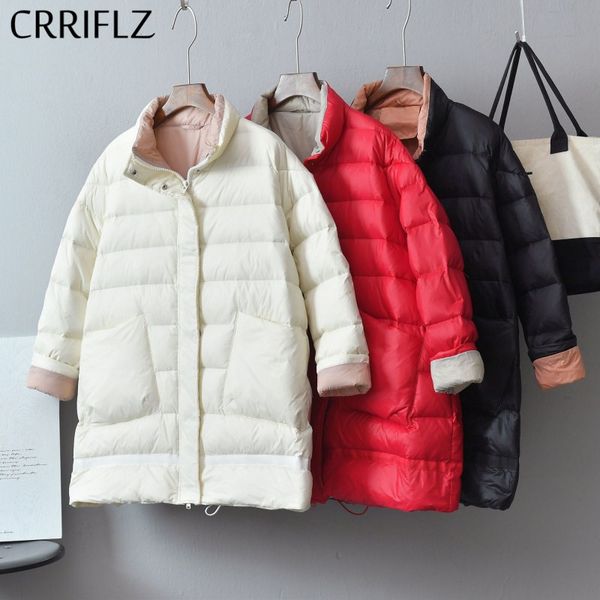 

crriflz womens winter jackets medium long warm thicken down parka 90% white duck down jacktes stand collar casual hooded coats, Black