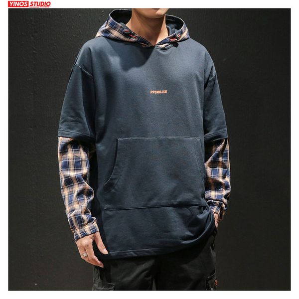 

dropshipping autumn male streetwear causal outwear hoodies outwear patchwork plaid sleeve japanese hooded pullover, Black