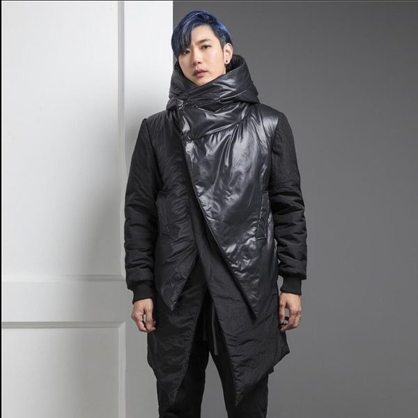 

s-xxl new winter tide men's personality slim fake two pieces of stitching in the long section lap hooded coat jacket, Black