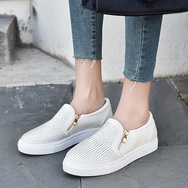 

flat shoes women sneaker rivet slip on shoes for women zipper fasion white running cmofort 2020 new arrival, Black