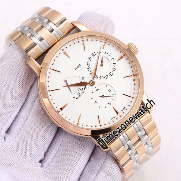 

traditionnelle 83020 automatic power reserve mens watch two tone rose gold white dial stick marker stainless steel bracelet timezonewatch a1, Slivery;brown