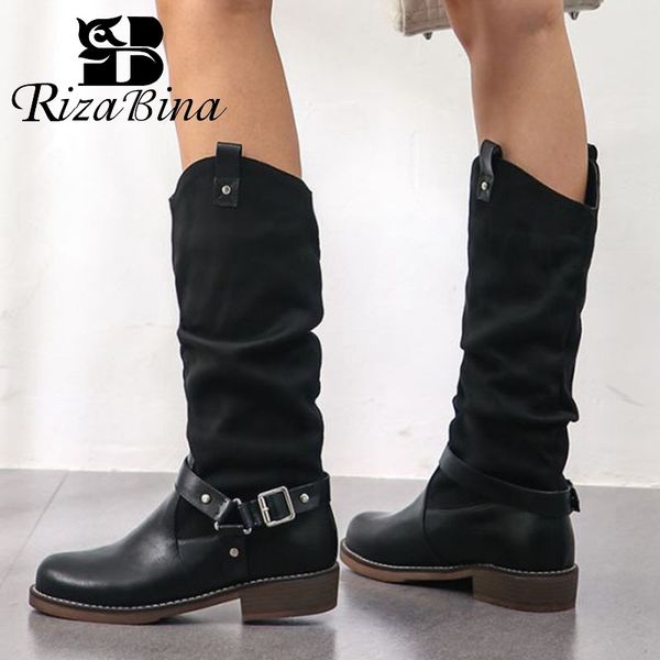 

rizabina size 34-48 2020 woman retro rivets buckle winter boots fashion flats knee high boots slip on daily long footwear, Black