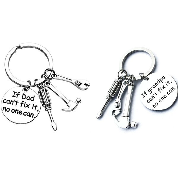 

hammer wrench creative polished keyring if grandpa dad can't fix it, no one can keychain letter circle gifts for father round, Silver