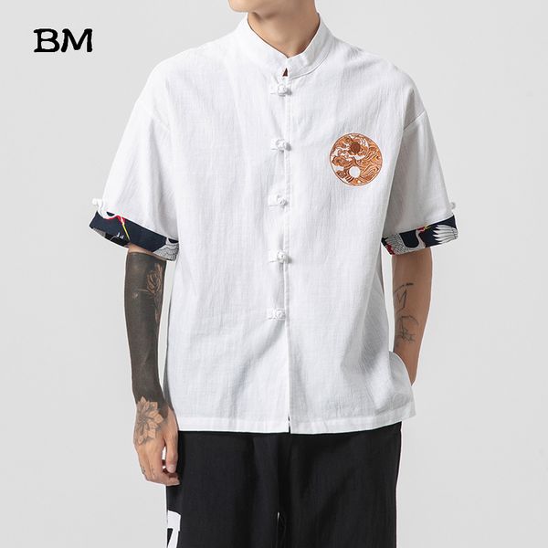 

2020 summer chinese style shirt men fashion linen short sleeve shirts for men oversize plate buckle embroidery harajuku shirt, White;black