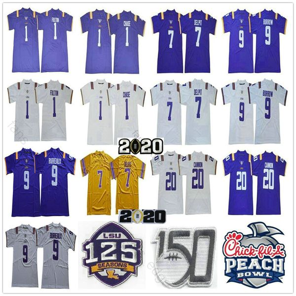 

ncaa lsu tigers burreaux college football jerseys 2020 peach bowl 125th 150th patch 9 joe burrow 7 grant delpit 1 fulton chase leonard, Black