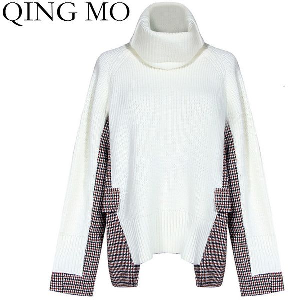 

qing mo winter women pullovers sweater 2019 women plaid patchwork sweater white female irregular turtleneck zqy1995, White;black