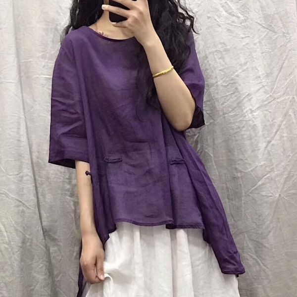 

ramie front short back long irregular t-shirt female coat t-shirt 2020 round buckle loose round collar short sleeve female, White