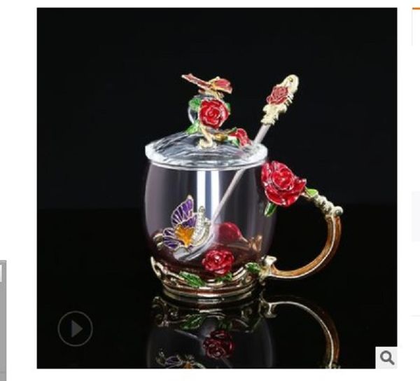

2020 coffee cup blue rose enamel new coffee glass creative water cup handicraft gift box set flower tea cup