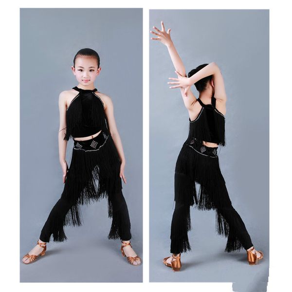 

shiny rhinestone latin dance dress for girls black tassel ballroom dancing latin pants girl festival stage performance clothing, Black;red