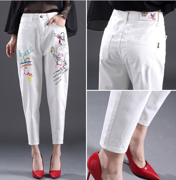 

new white print harem pants cotton stretch loose female jeans, Blue
