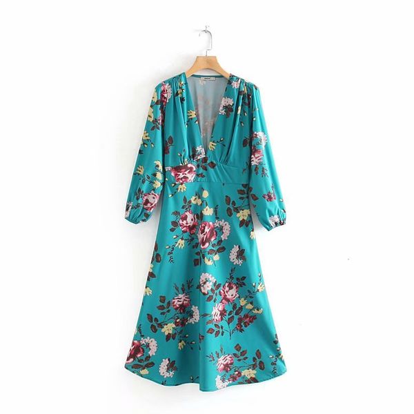 

2019 new women deep v neck pleats kimono a line dress ladies elegant flower vestidos print casual slim chic party dresses ds2903, Black;gray