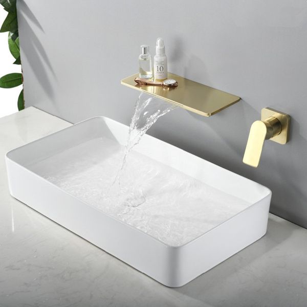 

brushed gold/matte black waterfall faucet wall mounted bathroom bathtub faucet large shelf platform basin water mixer quality tap