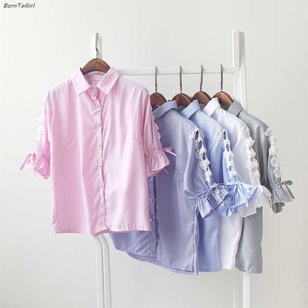 

borntogirl women blouse shirt 2020 half sleeve lapel hollow lace beading shirt, White