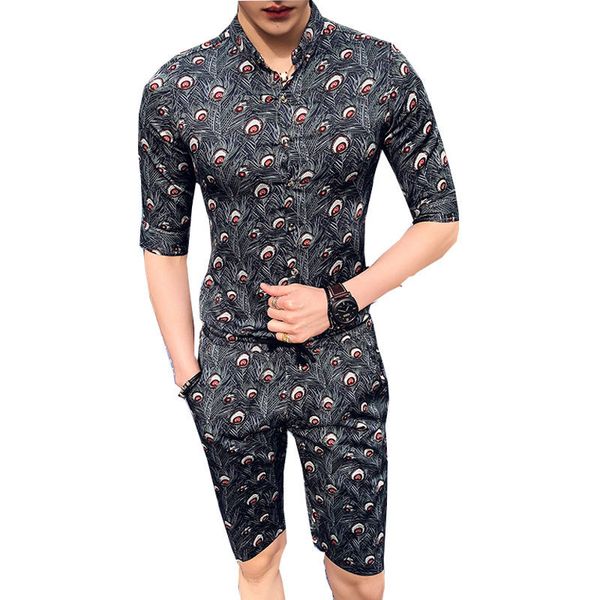 

2 pieces summer men set eye print designer fancy men shirt and short pant drawstring short masclunino beach hawaii suit set, Gray