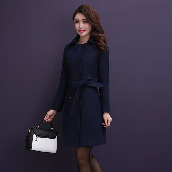 

элегантные дамы зимние теплые шерстяные пальто женщины двойной брестед belted офис long coat плюс размер 5xl шерсть бленды trench шинель, Black