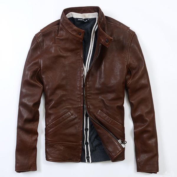 

2020 men's stand collar genuine leather jacket smart casual sheepskin leather coat men slim fit biker jacket male simple style, Black