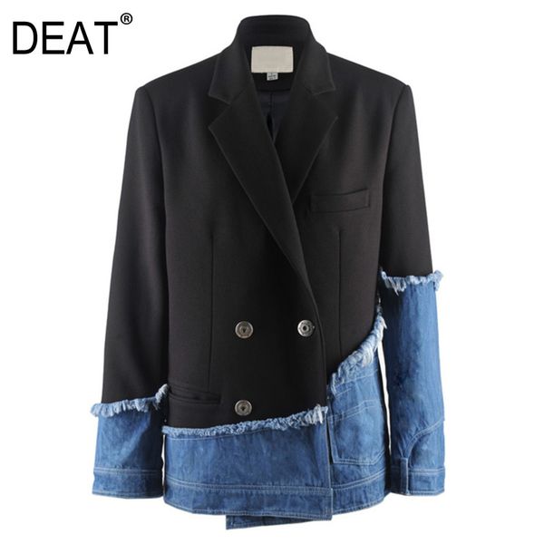 

deat] black denim spliced temperament loose fit jacket new lapel long sleeve women coat fashion tide spring 2020 13s575, Black;brown
