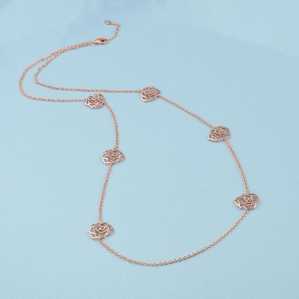 

925 sterling silver rose gold color camellia flower pendant romantic hollow crystal flowers rhinestone rose choker necklace