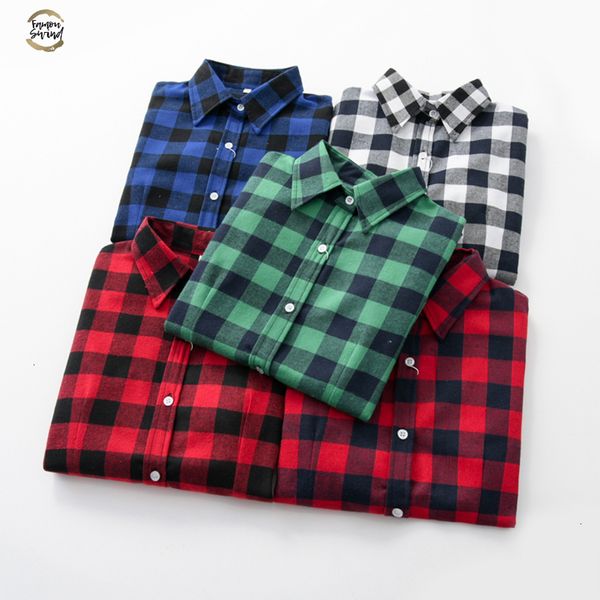 

women 2019 blouses brand new excellent quality flannel red plaid shirt women cotton casual long sleeve shirt lady clothes, White