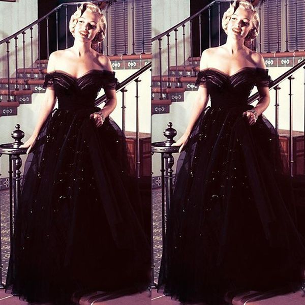 

marilyn monroe oscars vintage black off shoulder arabic evening prom dresses ball gowns tulle sequins new arrival celebrity party gowns 1071, Black;red