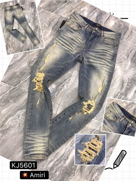 

2019 new luxury branddesignerbalmain men denim jeans fashion holes trousers pants biker jeans rock revival jeans h1, Blue