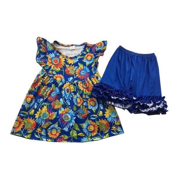 

sunflower printed tunic pearl sleeve icing ruffle short clothing girl sets, White