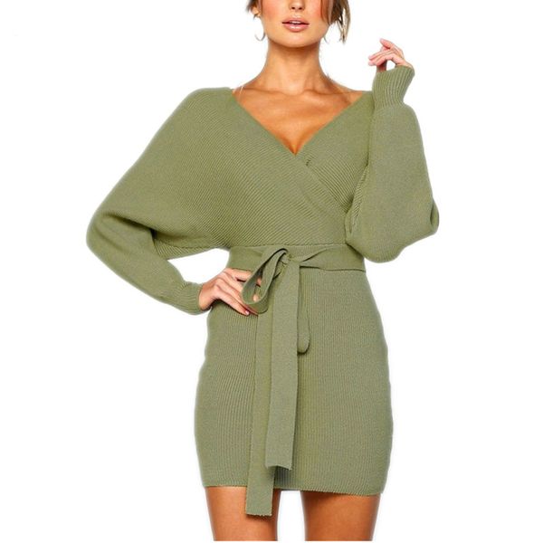 

Women Dress Knitted Mini Dress Autumn Winter Ladies Sexy Green Sweater Dress Long Sleeve Vintage Korean