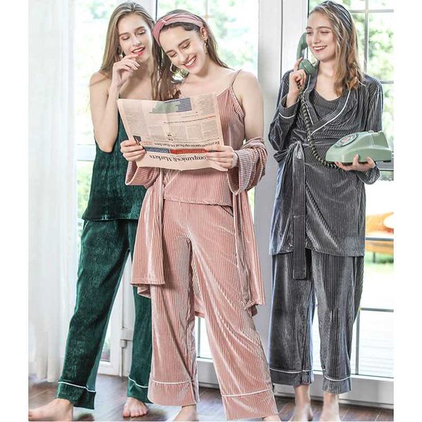

new women velour pajama sets 5 pieces autumn winter loose sleepwear long sleeve long pants camisole solid pajamas home clothes, Blue;gray