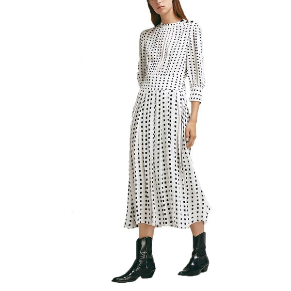 

белое платье дизайнерские платья 2019 новая весна вокруг шеи длинным рукавом твердый белый шифон dot сыпучие платье женщины beach party плат, Black;gray