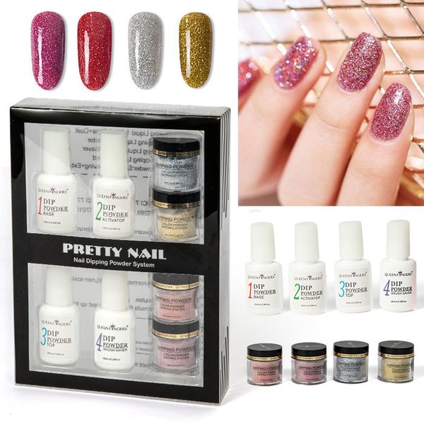 

8pc nail set infiltration glitter chrome with bond bottom gel sealing layer dipping powders pigment dust desiccant manicure red, Silver;gold