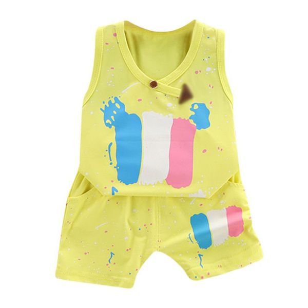 

boy cool summer casual suit children simple clothes colorful striped vest sleeveless shorts suit, White