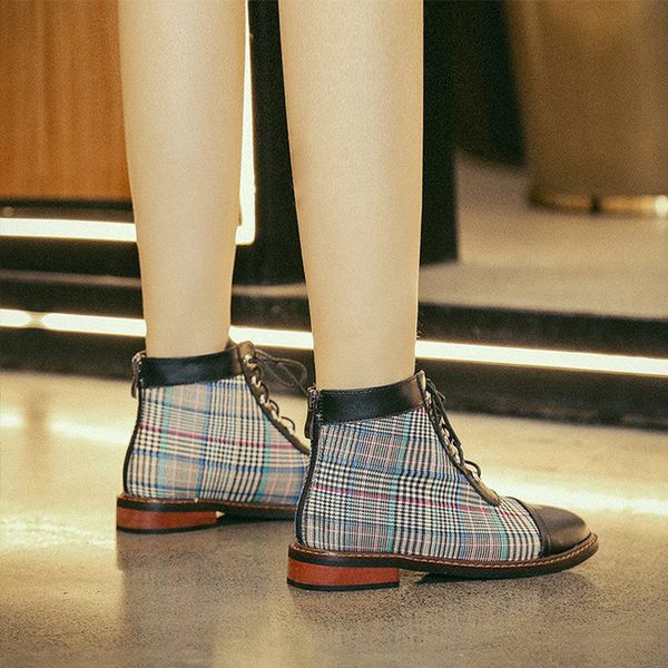 

women spring back zipper leather boots ladies lace up gingham flat metal charm shoes women's british casual female fashion new mx200324, Black
