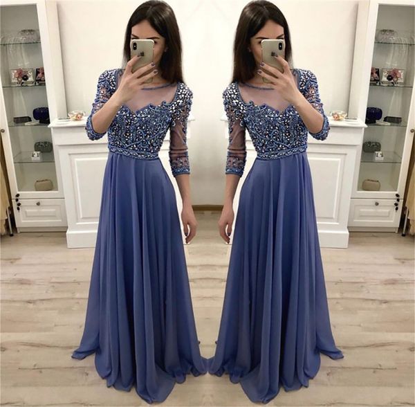 Luxo pesado frisado cristais azuis vestidos de baile longo elegante chiffon manga longa vestidos de festa de noite vestidos de gala
