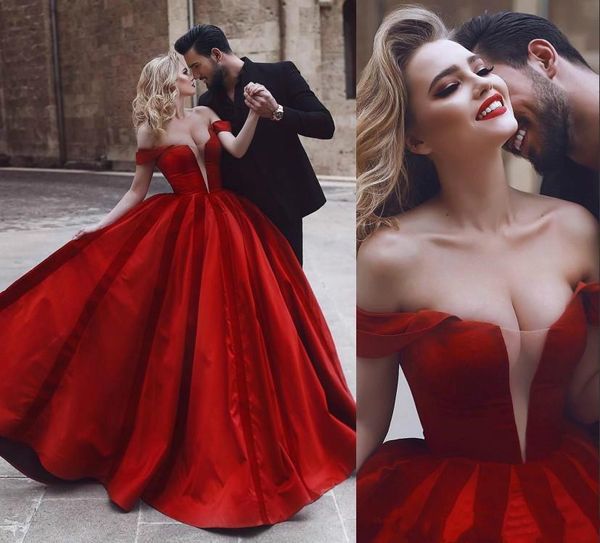 Sexy schulterfreie rote Brautkleider aus dem Nahen Osten, arabisch, afrikanische Satin-Brautkleider, Vestido de Novia, nicht weißes Brautkleid nach Maß