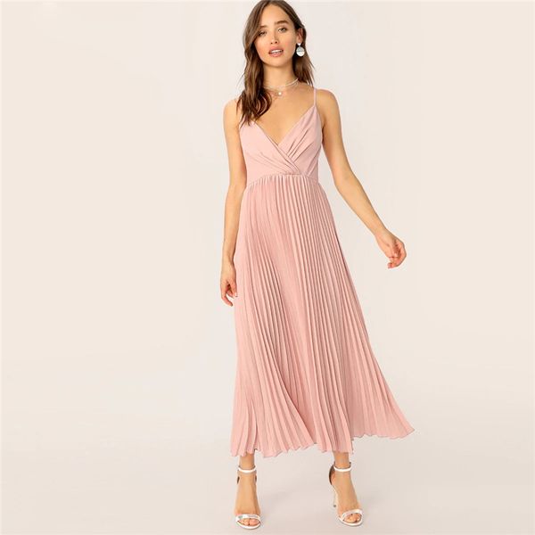 

womens clothes ladies dresses surplice pleated cami dress fit and flare dress pink pastel women sleeveless spaghetti strap dresses, Black;gray