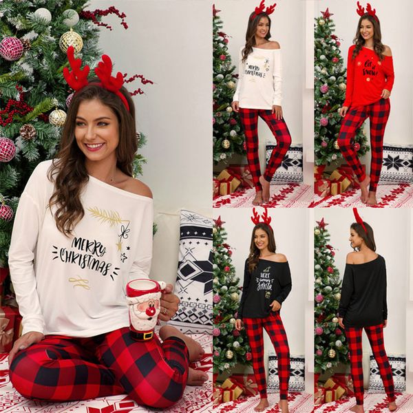 

christmas plaid women's pajama set spring autumn print letter t-shirt pants pajamas nightwear sleepwear black red white