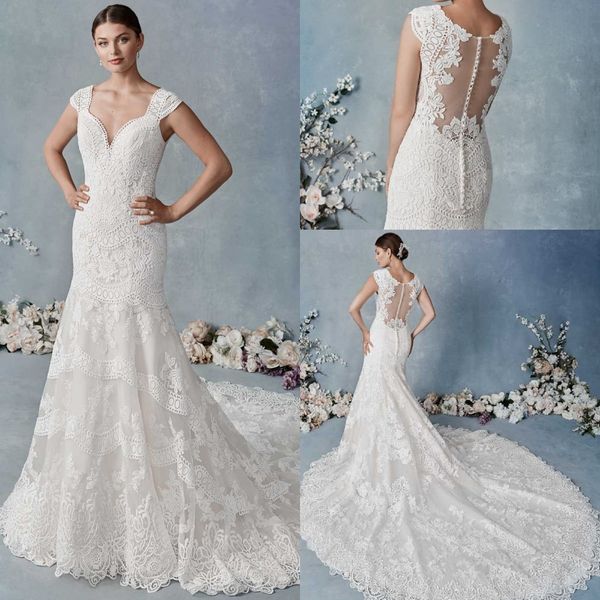 

mermaid kenneth winston wedding dresses sleeveless tulle lace applique ruched button wedding gown sweep train robe de mariÃ©e, White