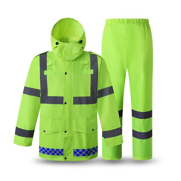 

high visibility windproof waterproof construction raincoat outwear suit reflective rain suit hooded long sleeve jacket pants kit, Black;blue