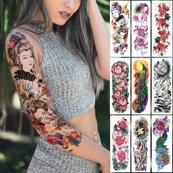 

large arm sleeve tattoo japanese geisha snake waterproof temporary tatto sticker lotus peacock girl tatoo body art women