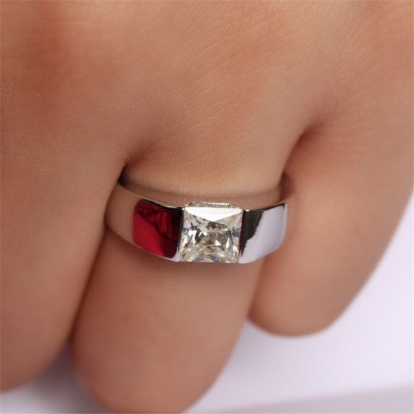 Bonito anel masculino branco ouro cheio princesa corte 8mm aaaaa zircon cz anéis de banda de casamento para homens declaração festa jóias