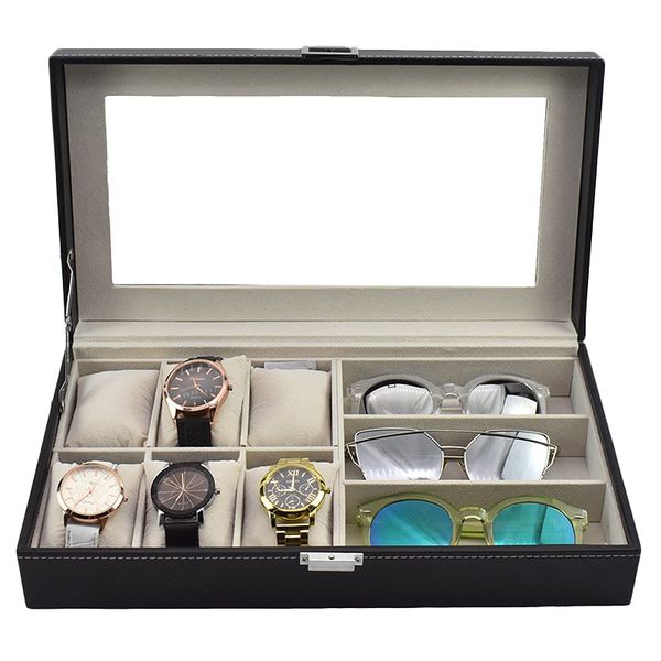 

glasses storage box, pu leather clear lid jewelry storage display box showcase organizer with 3 grids 6 for glasses and watches, Pink;blue