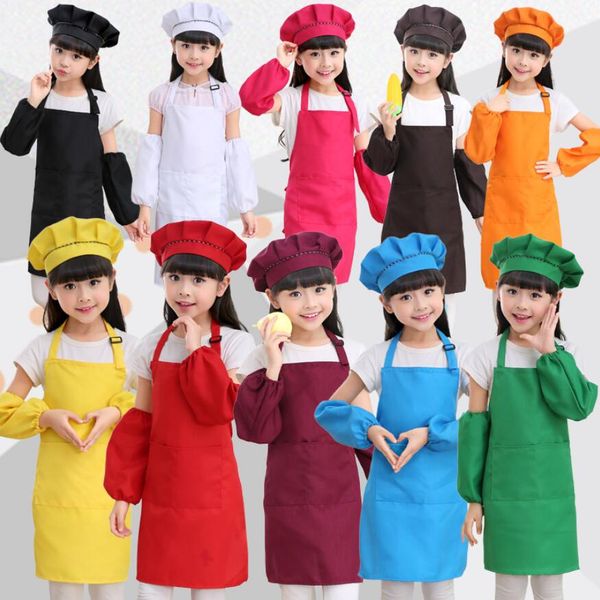 

1set=apron + hat + sleeve kids aprons pocket craft cooking baking art painting kids kitchen dining bib children aprons kids aprons 12 colors