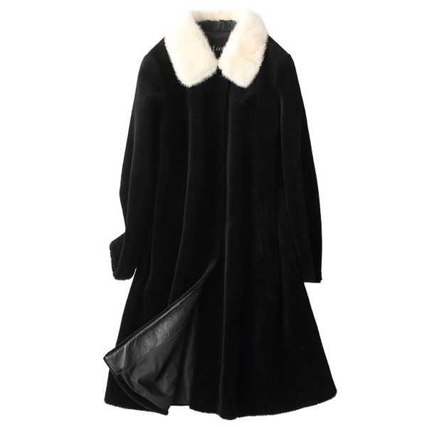 

real fur coat collar wool jacket autumn winter coat women clothes 2020 korean vintage sheep shearling suede lining 3521, Black