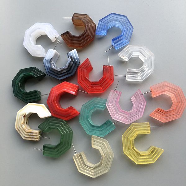 

ujbox 15 colors exclusive acrylic multi-layered step earrings women red green blue yellow brown pink hoop earrings wholesale, Golden;silver