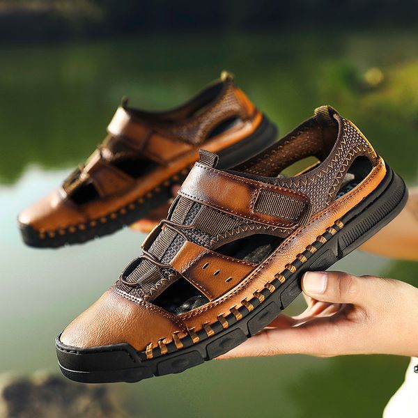 

new summer sandals men leather beach outdoor sandals comfortable soft footwear rubber shoes 2020 big size 46 t200420, Black