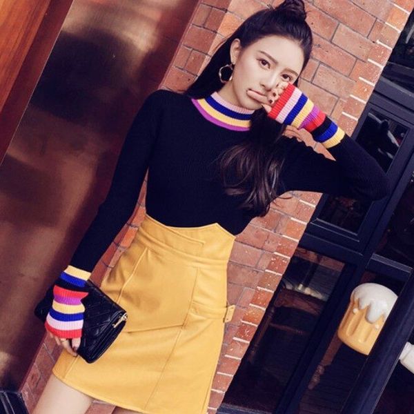 

2019 winter womens sweaters turtleneck sweater women thin pullover jumper knitted sweater patchwork pull femme new, White;black