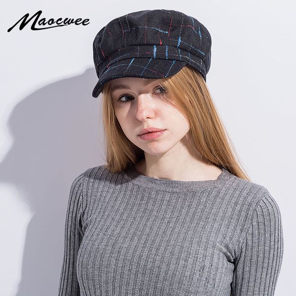 

women's wool beret flat cap new autumn and winter retro painter artist colorful stripes shade octagon, Blue;gray