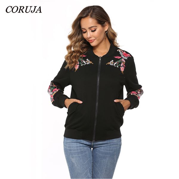 

coruja cotton jacket side pocket flower embroidered classic fit full zip autumn new women's casual jacket coat, Black;brown