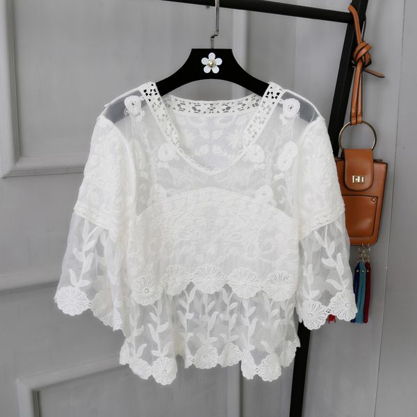 

women summer boho beach holiday cotton lace mesh embroidery v-neck sunscreen shirt sun protection top blouse tops blusa pullover, White