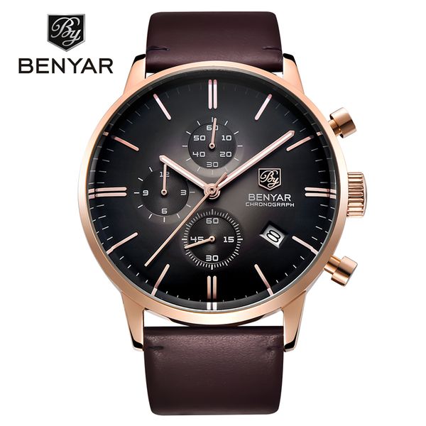 

benyar 2720k fashion chronograph sport mens watches brand luxury quartz watch waterproof clock male hour relogio masculino, Slivery;brown